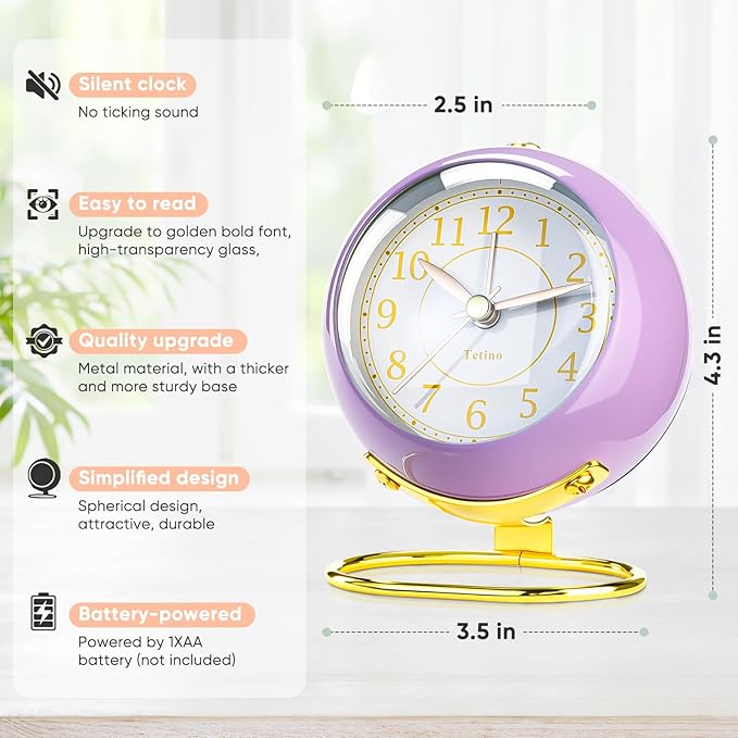 Tetino Analog Alarm Clocks,Retro Backlight Cute Simple Design Small Desk Clock with Night Light,Silent Non-Ticking,Battery Powered,for Kids,Teens,Bedroom,Travel,Kitchen,Bedside Desk Decor. (Purple)
