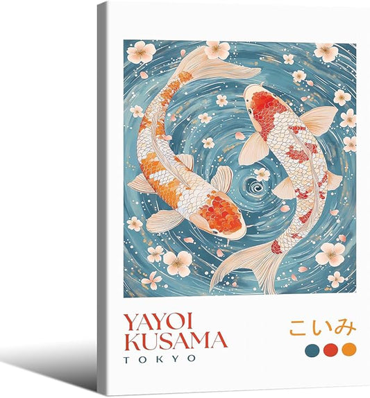Light Blue Koi Fish Wall Art Japanese Yayoi Kusama Canvas Poster 16X24 inch Framed Modern Vintage Animal Aesthetic Paintings for Living Room Bedroom Dorm Wall Decor