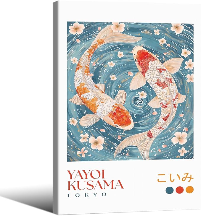 Light Blue Koi Fish Wall Art Japanese Yayoi Kusama Canvas Poster 24X36 inch Framed Modern Vintage Animal Aesthetic Paintings for Living Room Bedroom Dorm Wall Decor