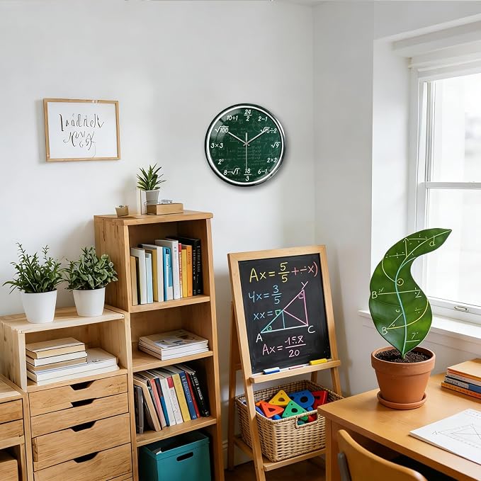 peacoblue Wall Clocks Battery Operated 12 Inch Math Problems on Blackboard Glass Round Wall Clock Non Ticking for Kitchen Living Room Dining Room Classroom and Study Room Decor (Battery Not Included)