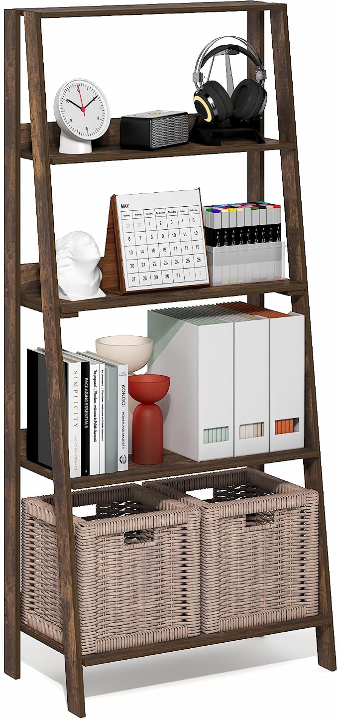 Furinno Ladder Book Shelf, 5-Tier Leaning Standing Shelf, Open Frame Design Bookshelf, Display Storage Shelves, 13 x 23.6 x 53.5, for Living Room, Home Office, Amber Pine