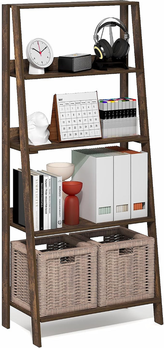 Furinno Ladder Book Shelf, 5-Tier Leaning Standing Shelf, Open Frame Design Bookshelf, Display Storage Shelves, 13 x 23.6 x 53.5, for Living Room, Home Office, Amber Pine