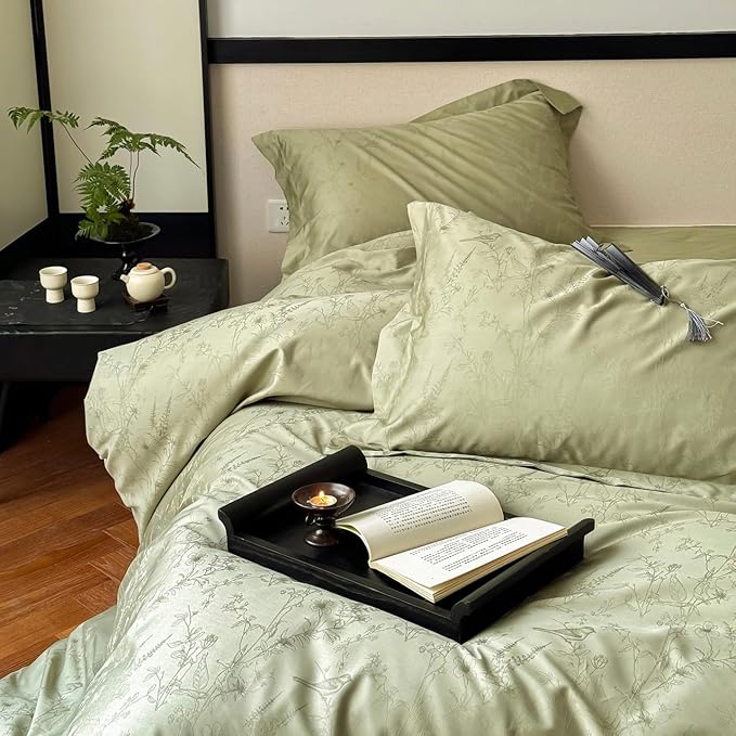 100% Cotton Duvet Cover King Size, Soft Breathable Green Duvet Cover Set for All-Season, Botanical Floral Bird Pattern- 1 Duvet Cover 104x90 Inches with Zipper Closure and 2 Pillowcases