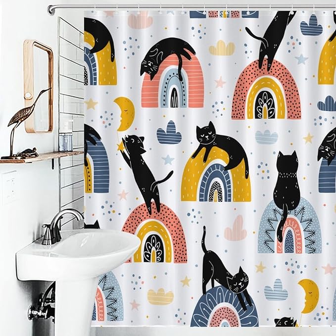 Boho Cats Shower Curtain Colorful Rainbow Black Cats Fantasy Pattern Duty Fabric Shower Curtains Set Bathroom Polyester Waterproof with 12 Hooks, 55x72Inch（140x183cm）