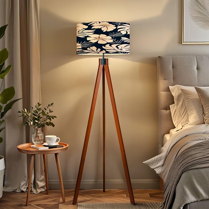 Wood Tripod Floor Lamp Hibiscus flowers tropical palm monstera leaves Hawaiian style floral Mid Century Standing Lamp Linen Shade Dimmable Modern Tall lamp Home Decor for Living Room Bedroom Office