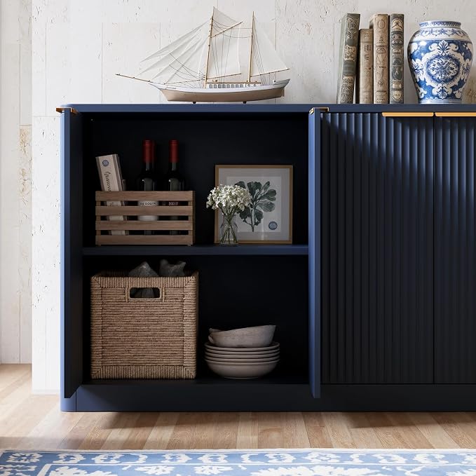 Evermagin 67" Fluted Blue Buffet Cabinet Sideboard with Storage, Large Credenza with 6 Doors, Wood Mid Century Modern Sideboard for Kitchen and Living Room (67"*31.5"*15.7")