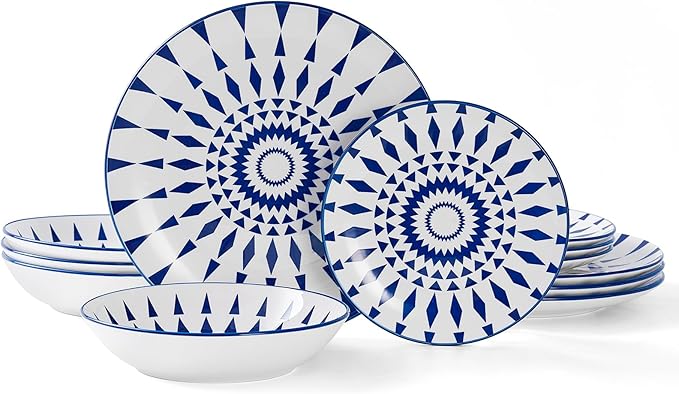 Bestone Ceramic 12-Pieces Dinnerware Sets, Ceramic Dish Plates and Bowls Sets, Dishes Set for 4, Dinner Salad Dessert Plates, and Cereal Bowls Set, Gift,Vintage Blue
