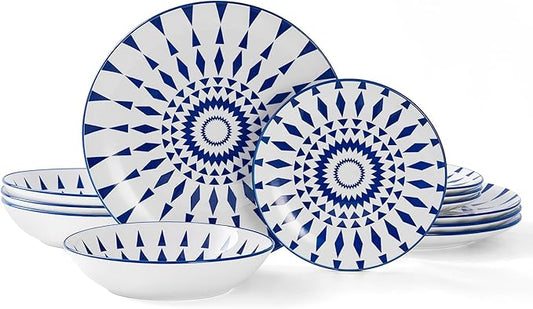 Bestone Ceramic 12-Pieces Dinnerware Sets, Ceramic Dish Plates and Bowls Sets, Dishes Set for 4, Dinner Salad Dessert Plates, and Cereal Bowls Set, Gift,Vintage Blue