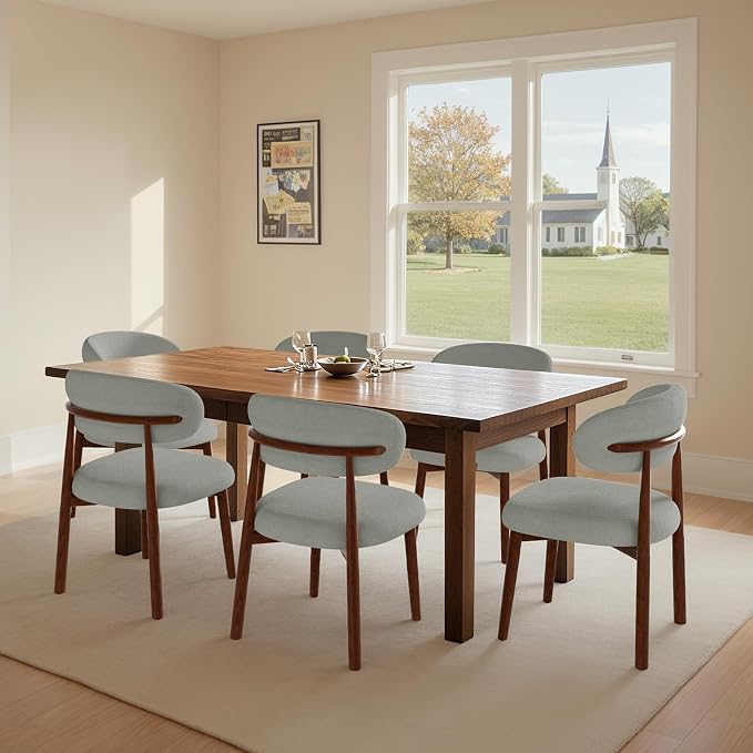 Farmhouse Dining Chairs Set of 8, Mid Century Modern Fabric Upholstered Kitchen Chairs, Wooden Dining Room Chair with Curved Back for Kitchen Dining Room Restaurant Cafe, Light Green (Only Chairs)