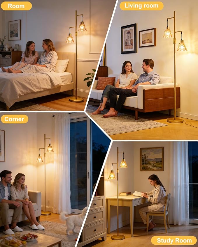 2-Light Modern Glass Floor Lamp, Gold Standing Tall Lamp with Amber Shell Glass Shade, Dimmable LED Floor Lamp with 5Lbs Heavy Base for Living Room Bedroom Home Decor, Bulb Included