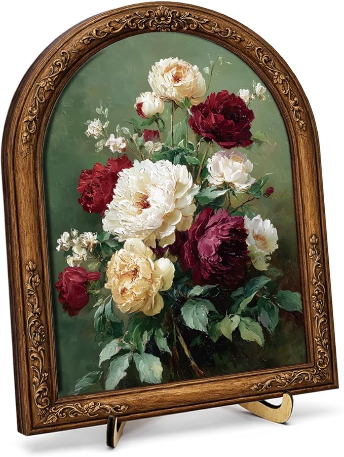 Vintage Rose Wall Art Sign for Home Decor, Arch Frame Floral Wooden Tabletop Decor, Romantic Farmhouse Shelf Decoration, 8x10 Inch