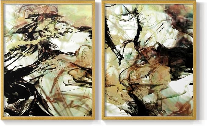 Renditions Gallery Set of 2 Peel & Stick Framed Prints, Abstract Wall Art, Vapping Smoke Design Wall Decor, Re-Stickable - Ready to Hang - 8"x10" - GOLD Frame LT588