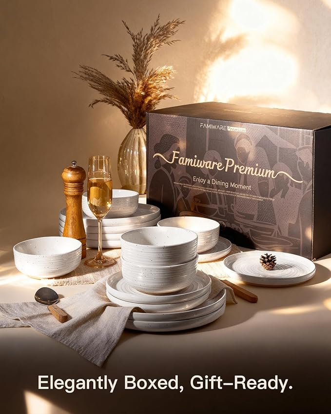 Plates and Bowls Sets for 6 (18-Piece) Stoneware Reactive Glaze Dinnerware with Speckles & Spirals, Chip and Scratch Resistant Flared Dishes Set with Gift Box, Microwave Dishwasher Safe, White