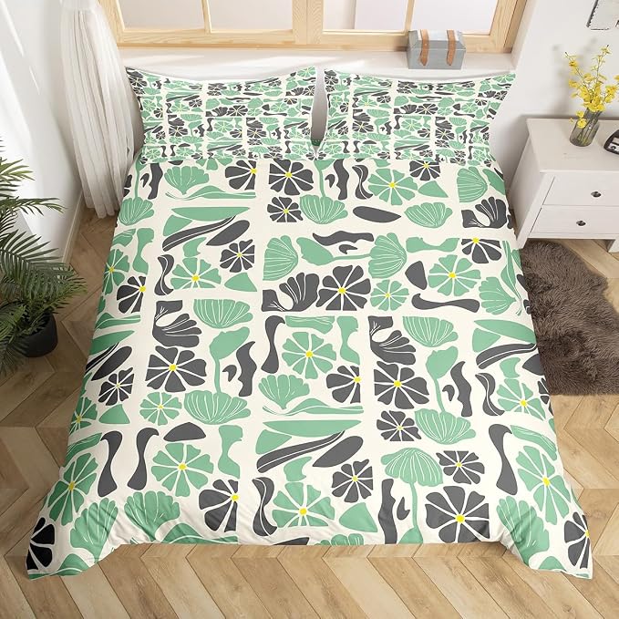 Erosebridal Boho Abstract Colorful Floral Duvet Cover Full Mid Century Modern Abstract Geometric Bedding Set Vintage Retro Patchwork Green Flower Comforter Cover Botanical Geometric Aesthetic Bed Set