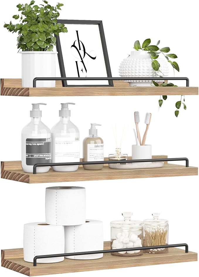 Floating Shelves for Wall Decor, Light Brown Wood Shelves for Bathroom, Living Room, Bedroom, Picture Frames, Plants, Kitchen (Set of 3)