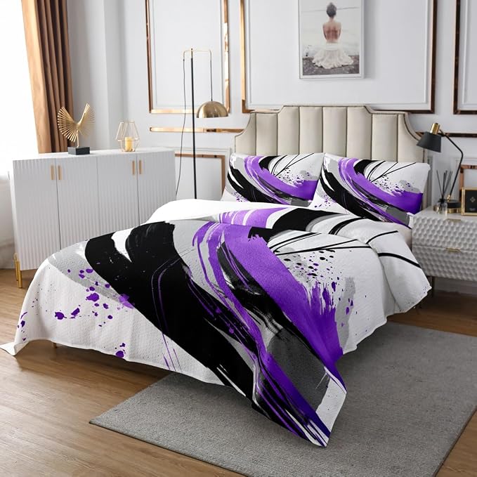 Erosebridal Black and Purple Quilt Set | Geometric Striped Coverlet Set for Girls Modern Contemporary Art Bedspread Sets Boys Adults Boho Minimalist Aesthetic Art Quilts King 3 Pieces
