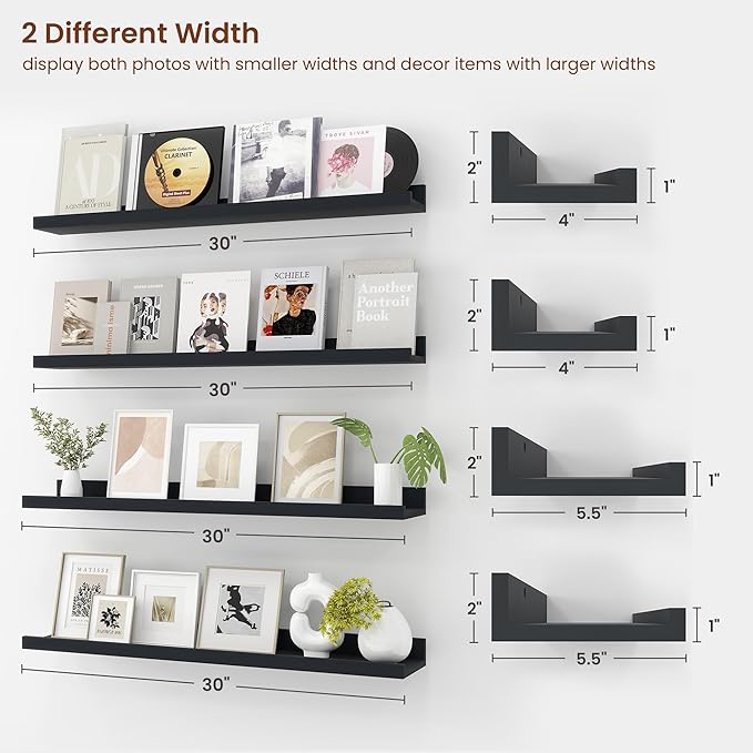 Axeman 30 Inch Black Floating Shelves | Picture Ledge Shelf Set of 4 | Rustic Wood Wall Shelves with Lip | 30" Black Picture Shelf for Wall with Ledge | Photo Shelves