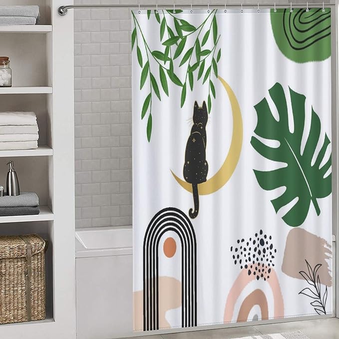 Boho Shower Curtains Funny Black Cat Abstract Green Leaf Arch Sun Moon Modern Minimalist Pattern Duty Fabric Shower Curtain Set Bathroom Polyester Waterproof with 12 Hooks, 55x72Inch（140x183cm）
