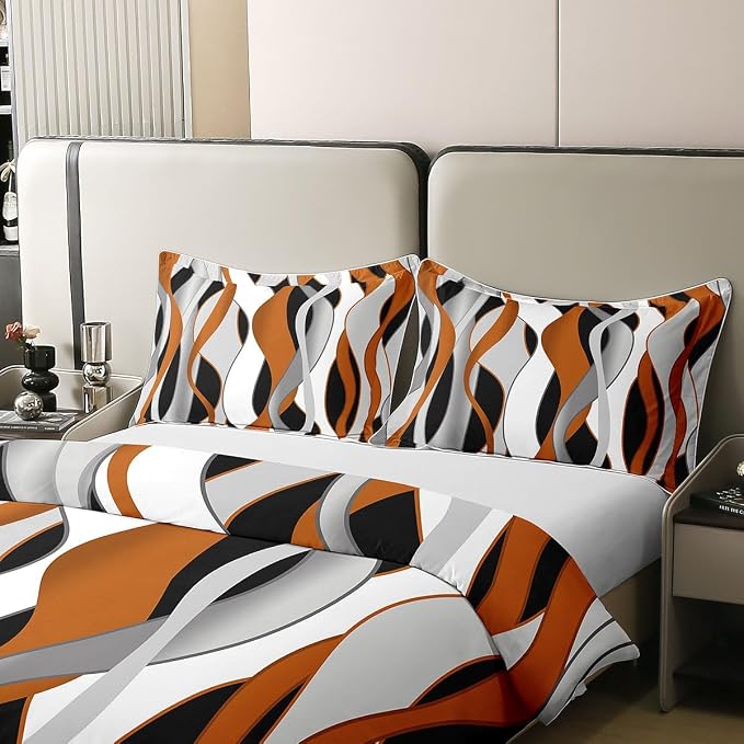 Erosebridal Orange Grey Black Stripes 100% Cotton Duvet Cover Full Geometric Spiral Waves Bedding Set for Kids Teens Adults Swirl Lines Striped Comforter Cover Modern Mid Century Art Bed Set 3 Pcs