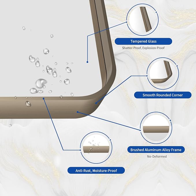 WEER 60x36 Inch Bronze Bathroom Mirror for Vanity, Brushed Bronze Metal Frame Mirror for Wall, Rounded Rectangle Bronze Frame Mirror with Tempered Glass, Anti-Rust (Horizontal/Vertical)