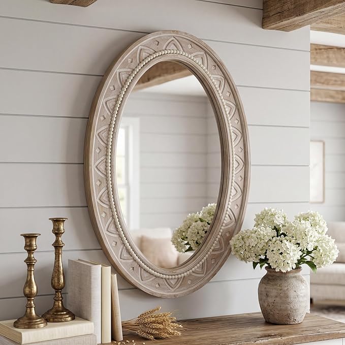 sawsile Oval Wood Mirror,Rustic 20x30 Inch Wooden Farmhouse Beads Decorative Boho Vanity Natural Mirrors for Bedroom, Bathroom, Living Room,or Entryway