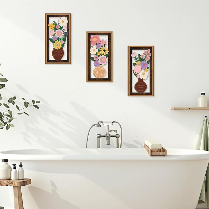 Celestdeco 3 Pcs Boho Flower Wall Decor,Boho Flower Wood Wall Art,Bohemian Floral Artwork Wooden,Pink Wildflower Wood Art Set,Flowers Potted Plant Bohemian Artwork for Living Room Bedroom Office