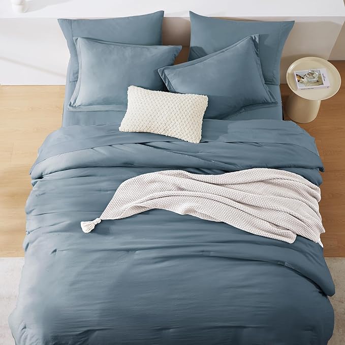 WRENSONGE King Size Comforter Set- 7 Pieces Soft Oxford Blue Bed in a Bag King with Fitted Sheet, Flat Sheet, 2 Pillow Shams, and 2 Pillowcases-Warm King Bedding Set for All Season