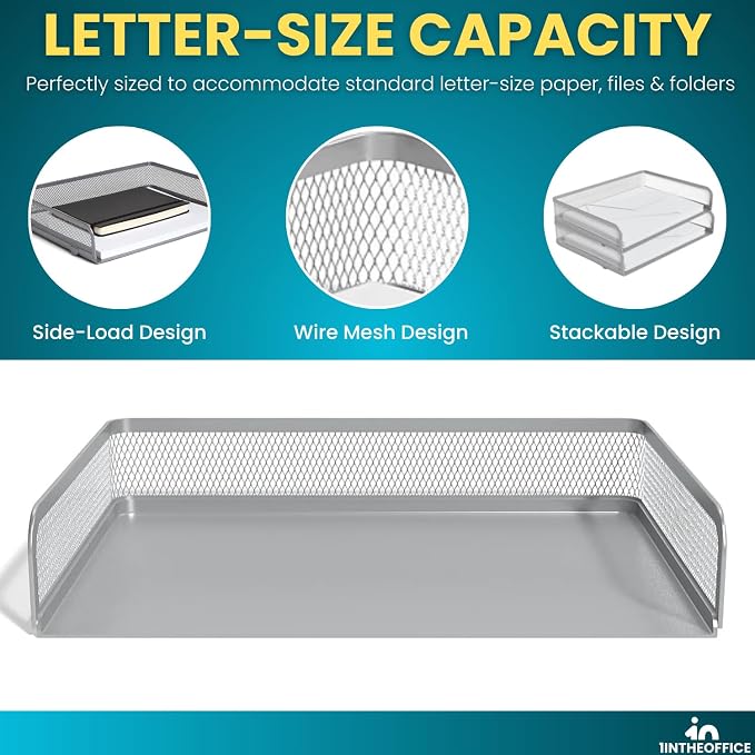 Stackable Side Load Letter Tray, Silver Wire Metal Mesh Paper Tray Organizer, 2 Trays