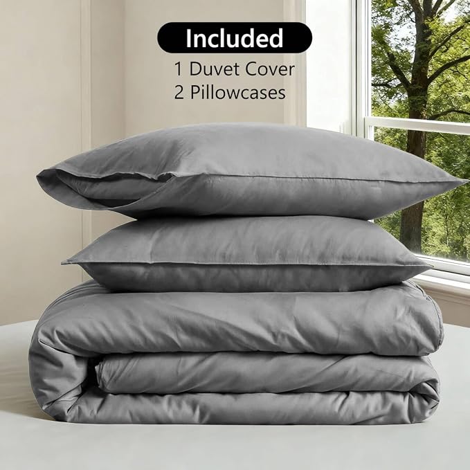 FALUCA French Linen Blend Duvet Cover Set 3Pcs Queen (88"x92") - Soft, Breathable, Cooling Farmhouse Bedding for Hot Sleeper (Queen, Light Grey)