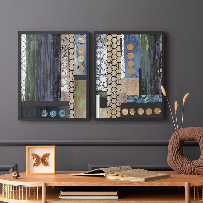 Renditions Gallery Set of 2 Peel & Stick Framed Prints, Geometric Abstract Wall Art, Hexagonal and Circular Pattern Wall Decor, Re-Stickable - Ready to Hang - 16"x20" - Black Frame LT588