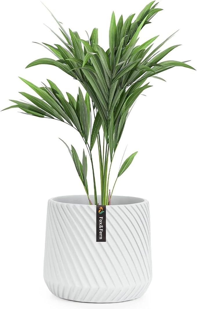 Fox & Fern Large Indoor Planter, Modern Large Plant Pot for Indoor or Outdoor, UV and Frost Resistant - 8 Inch, Polystone, Matte White Flower Pot with Drainage Plug, 3D Printed Design