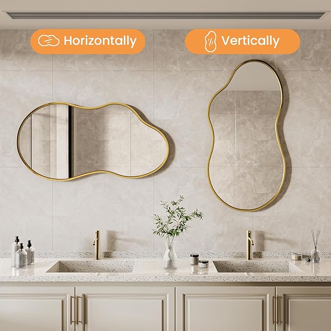 36”x 24” Gold Irregular Wall Mirror, Bathroom Asymmetrical Mirror, Metal Framed, Modern Decorative Mirrors for Wall, Bathroom Living Room Entryway (Horizontal/Vertical)