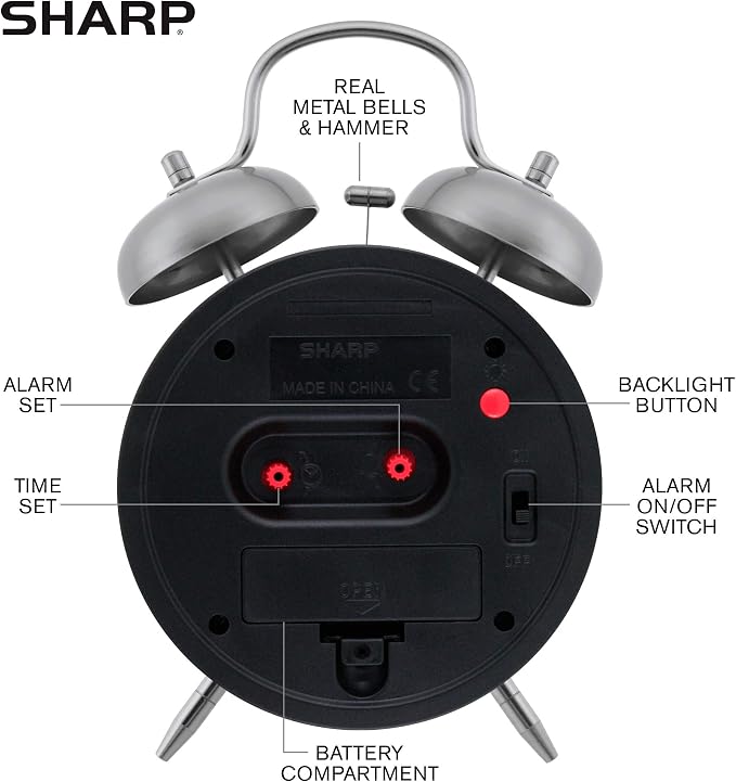 Sharp Twin Bell Alarm Clock - Loud Alarm - Great for Heavy Sleepers - Battery Operated Quartz Analog … (Brushed Silver)