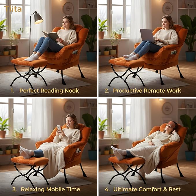 Tiita Lazy Chair with Ottoman, Orange Modern Large Accent Armchair, Comfy Leisure Sofa Reading Chair with Footrest for Bedroom, Living Room, Dorm Rooms, Garden, Velvet Orange