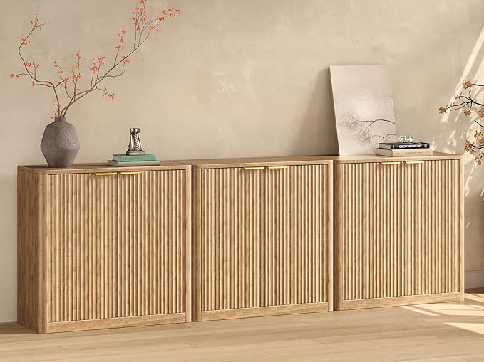 Evermagin 94.5" Oak Buffet Cabinet with Storage, Large Sideboard Cabinet, Boho Accent Credenza, Fluted Console Table with Doors for Dining Room, Kitchen, and Living Room