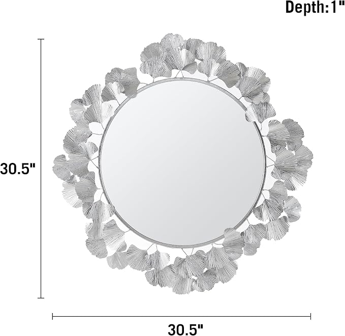 Martha Stewart Wall Décor Large Gingko Leaf Round Wall Mirror for Living Room, Iron Metal Plate Frame Antique Finish, Ready to Hang Bedroom Decoration, Eden, 30.5", Silver