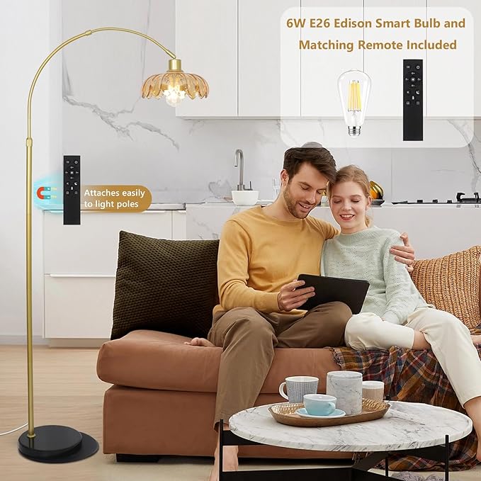 Gold Floor Lamp for Bedroom, Arc Floor Lamp with Remote & LED Bulb, Flower Standing Lamps for Living Room, Glass Corner Tall Lamp, Mid Century Modern Floor Lamps, Arched Stand Up Lamp (Amber)