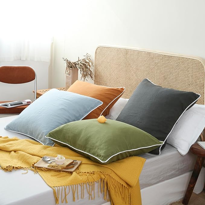 Simple&Opulence 100% Linen Euro Sham Covers with Piping Trim, 26"x26" Pillow Cover Set of 2, Breathable Pillow Shams for Bed Couch Decorative Cushions, Dusty Blue