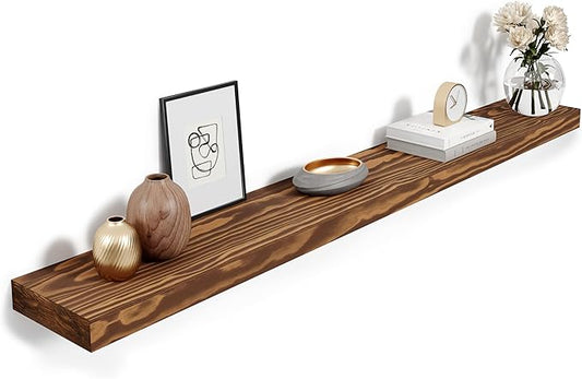 Howizz 60'' Pine Wood Floating Shelf for Wall, Rustic Wall Mounted Wooden Shelf with Invisible Brackets, Fireplace Mantel Shelf for Living Room, Bedroom, Bathroom & Home Decor, Light Walnut, 1 Pcs