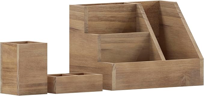Merrick Lane Ceely 3 Wood Organizer Set - Rustic Brown Solid Pine Wood - For Desktop, Table Top, or Vanity