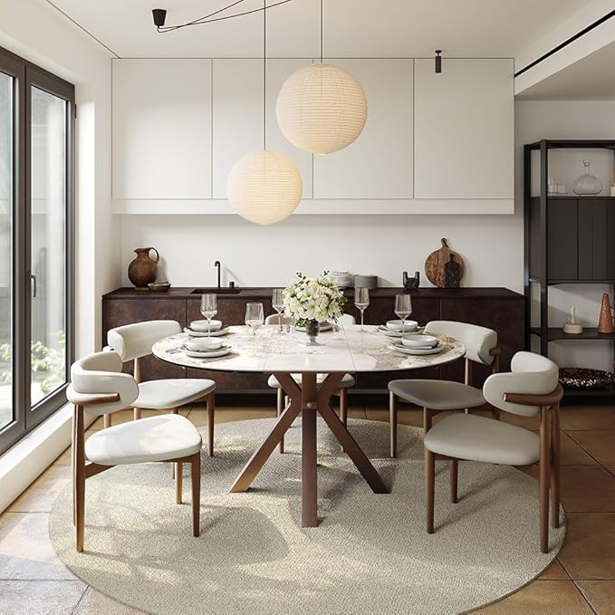 POVISON Modern Extendable Dining Table, 47" to 63" Round to Oval Sintered Stone Kitchen Table with Carbon Steel Pedestal Base for 4-6, Pandora with Bronze(Table Only