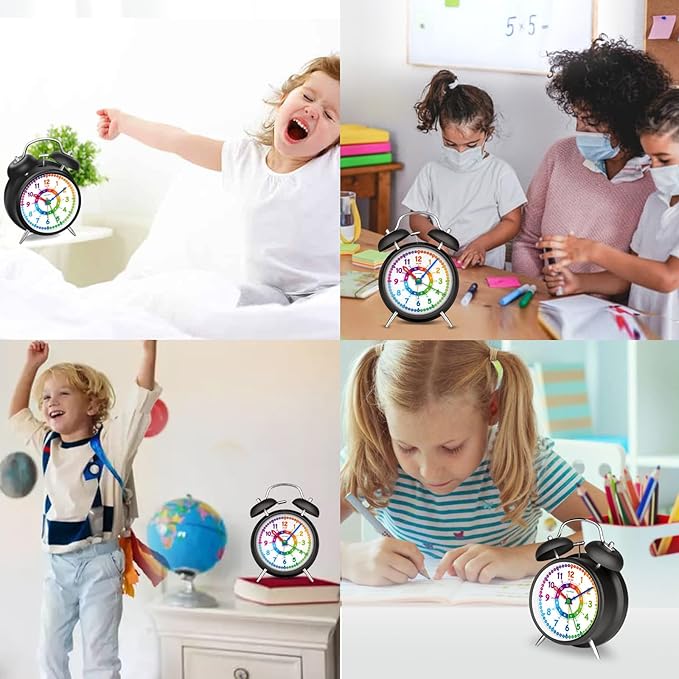 Peakeep Loud Alarm Clock for Kids Learning Telling Time Teaching Clock, 4.5" Rainbow-Colored Twin Bell Analog Alarm Clock Battery Operated for Heavy Sleepers Adults Teenagers Kids