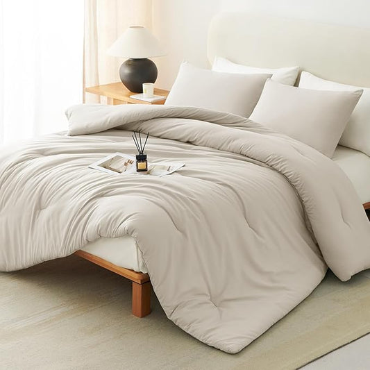 CozyLux King Size Comforter Set Beige, 3 Pieces Lightweight Down Alternative Quilted Bedding Sets, Gray All Season Soft Breathable Solid Comforter with 2 Pillowcases, Luxury Bed Set Gift for Home