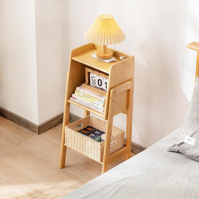 Welnow Bamboo Bookcase with Cabinet, Natural End Table with 1-Tier Storage Shelf, Modern Bedside Organizer Side Table for Bedroom or Living Room, Wood Bookshelf with Open Space