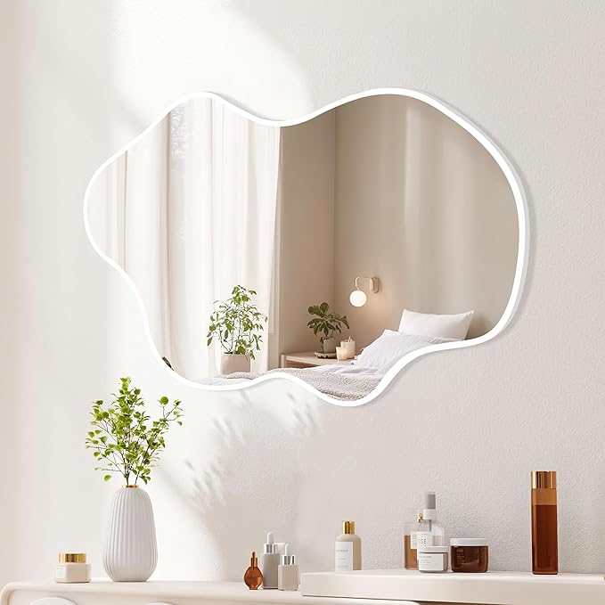 White Framed Bathroom Mirror 22''x30'', Irregular Clouds Shaped Decorative Mirrors with Tempered Glass for Bedroom Bathroom Living Room or Entryway
