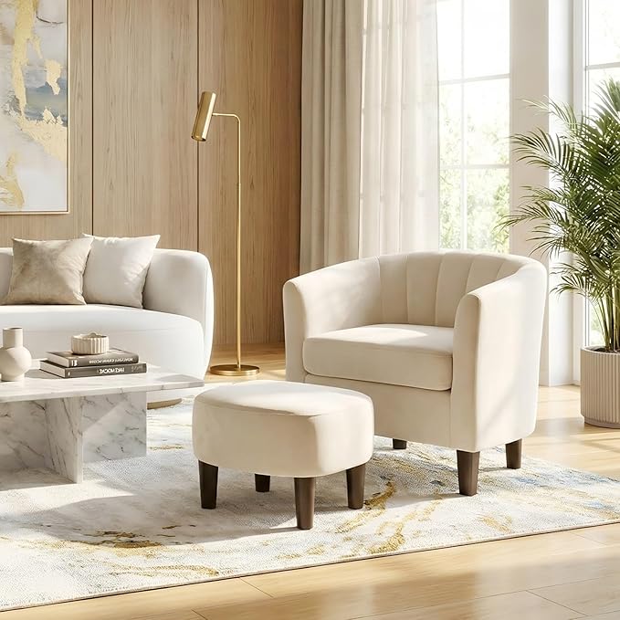FDW Velvet Barrel Accent Chair with Ottoman, Modern Armchair with Ottoman Set, Comfortable Reading Chair for Living Room, Bedroom & Apartment Lounge, Beige