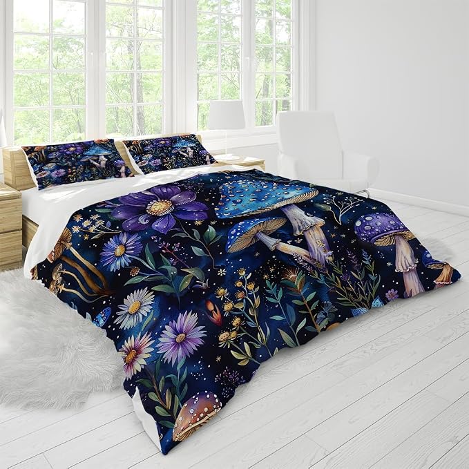 Whimsical Mushroom Duvet Covers Queen Size Dark Botanical Florals Bed Cover Farmhouse Boho Galaxy Moon Wildflower Botanical Plant Aesthetic Purple Mushroom Comforter Quilt Cover 88"x88"