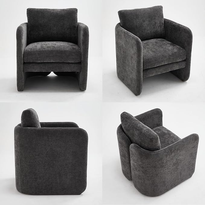 Modern Barrel Accent Chair, Single Sofa Chair with Removable Back Pillow, Comfy Chenille Upholstered Reading Accent Chair Lounge Armchair for Bedroom Living Room, Grey