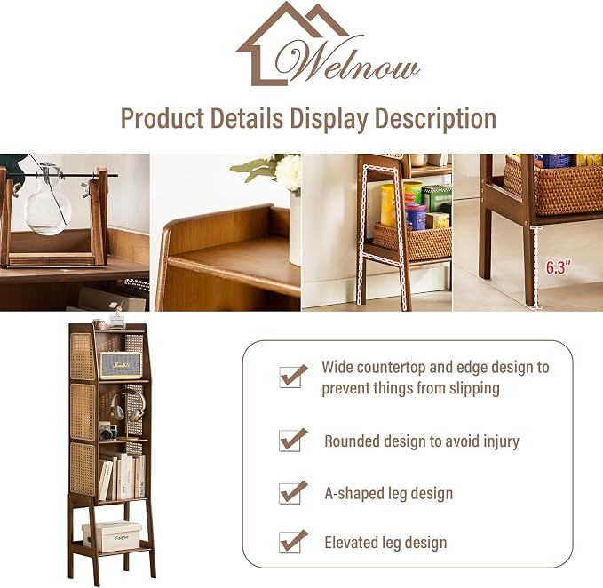 Welnow Bamboo Rattan Bookcase with Cabinet, 3-Tier Storage Shelf with Side Table & End Table Function, Large Modern Wood Organizer for Living Room or Bedroom, Walnut Bookshelf