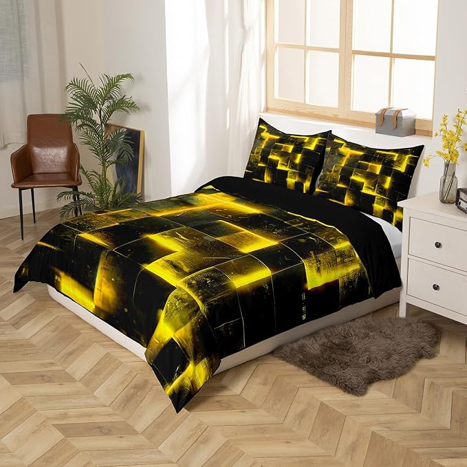 Yellow Black Bed Set 3D Glowing Buffalo Duvet Cover Twin Size Modern Abstract Art Twin Bedding Sets Geometric Plaid Comforter Cover, Gradient Futuristic Cubes Bed Cover (Black Reversible)